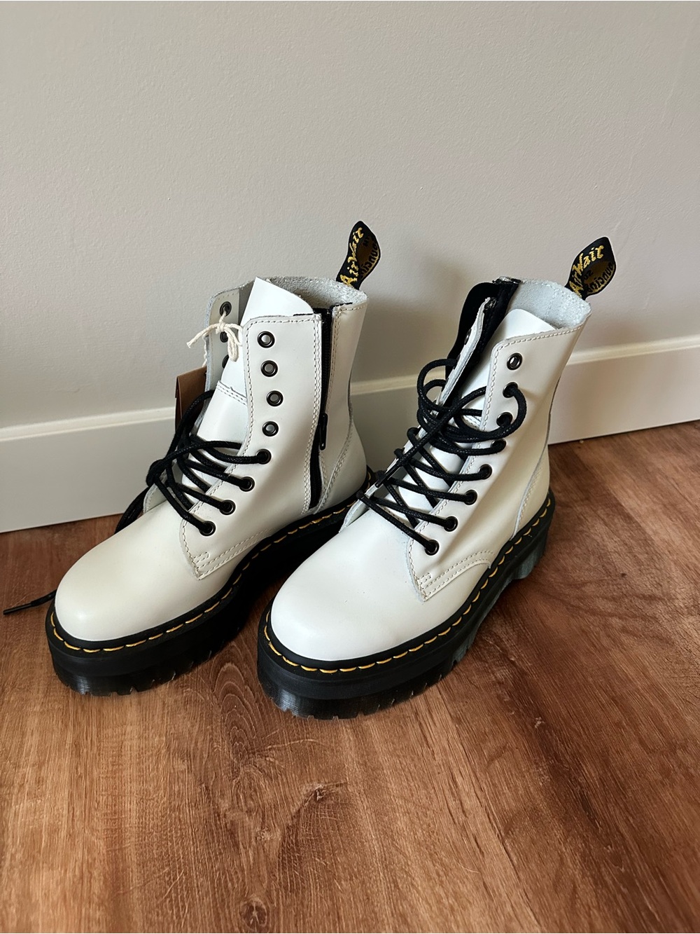 Dr. Martens White Leather Platform Lace-Up Boots with Black Sole - Picture 6 of 7